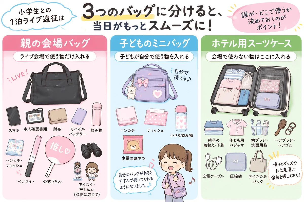 「親・子ども・ホテル用」遠征持ち物3分割イラスト