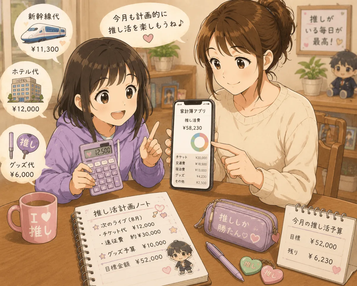 推し活費を家計簿アプリで確認する母娘のイメージ画像