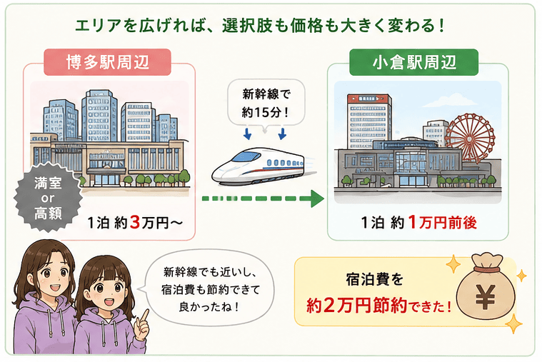 会場周辺が満室でも、少し範囲を広げるだけで選択肢は大きく増えるをイメージしたイラスト
