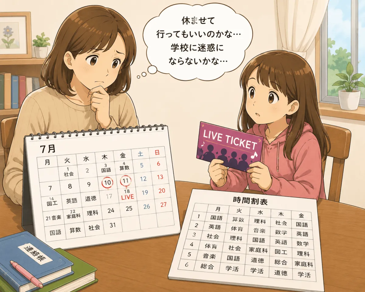 旅行やライブで学校を休ませるか悩む母親のイメージイラスト