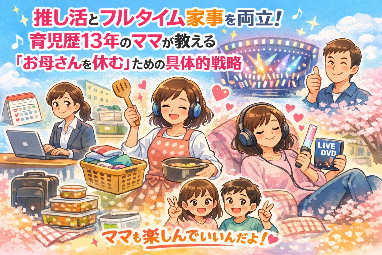 推し活を楽しむママと応援する家族のイラスト