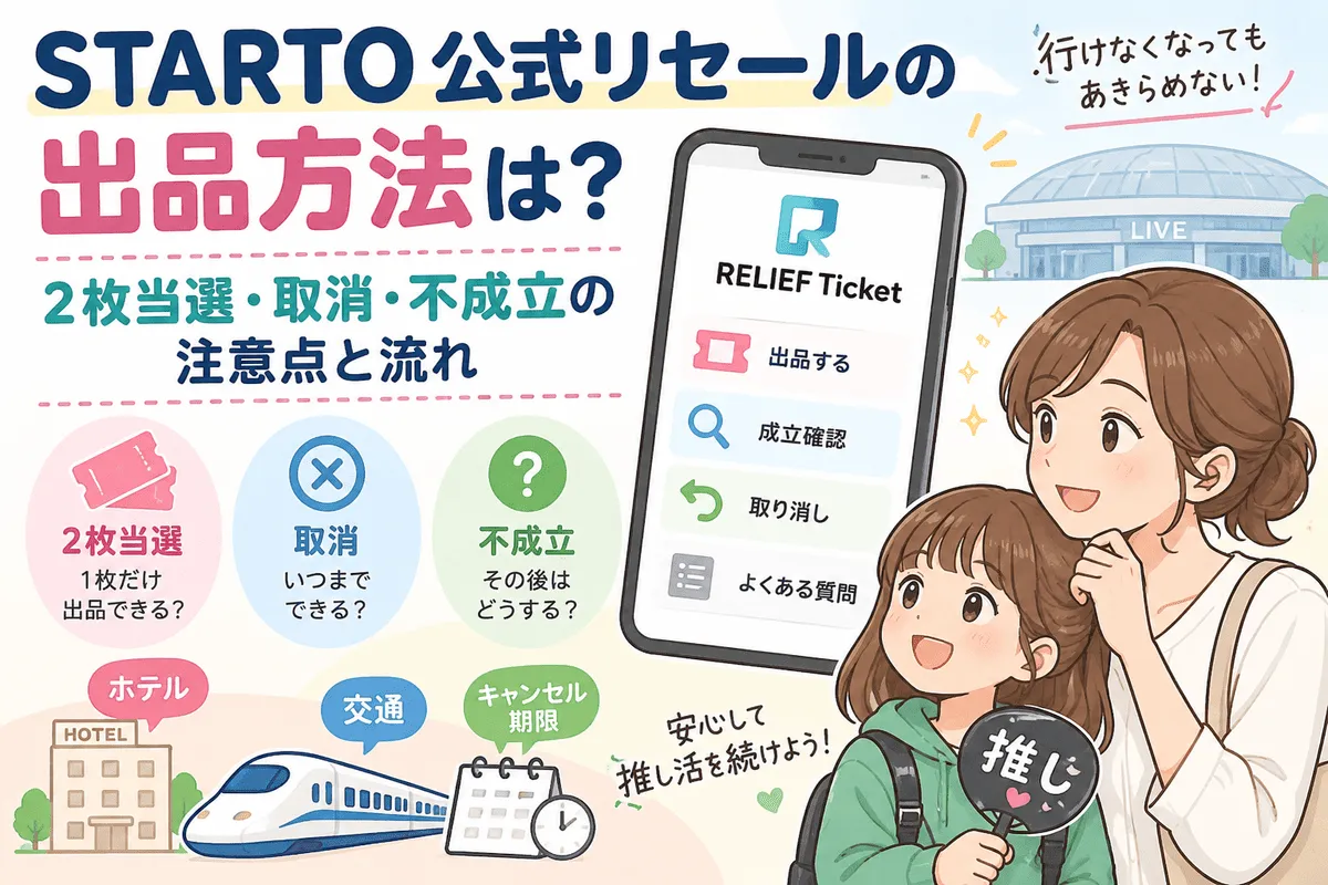 STARTO公式リセールの出品方法は？2枚当選・取消・不成立の注意点と流れ記事のイメージ画像