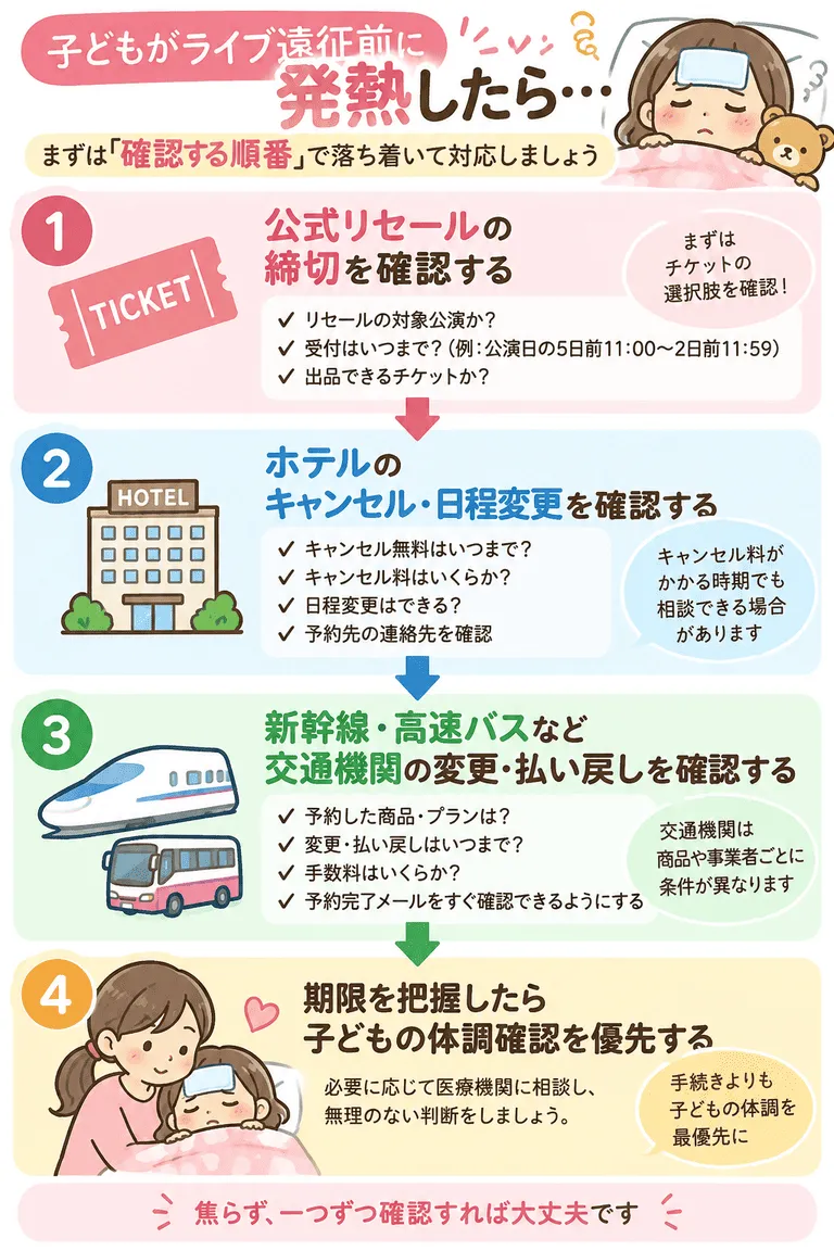 子どもが遠征前に発熱した時の「リセール→ホテル→交通」3ステップ図