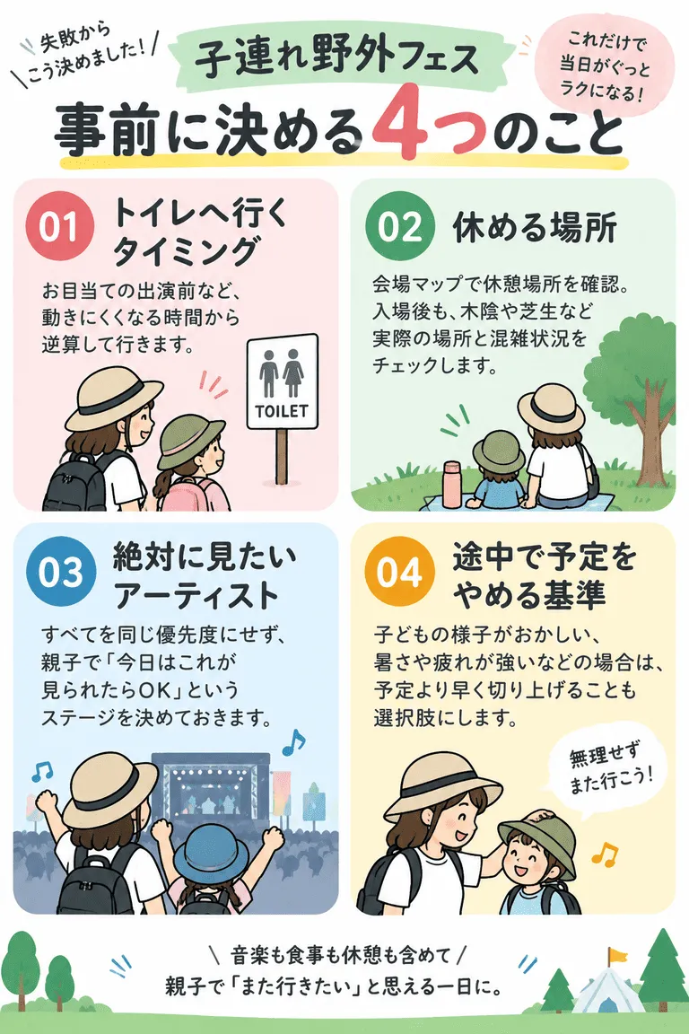 「子連れ野外フェス・事前に決める4つ」図