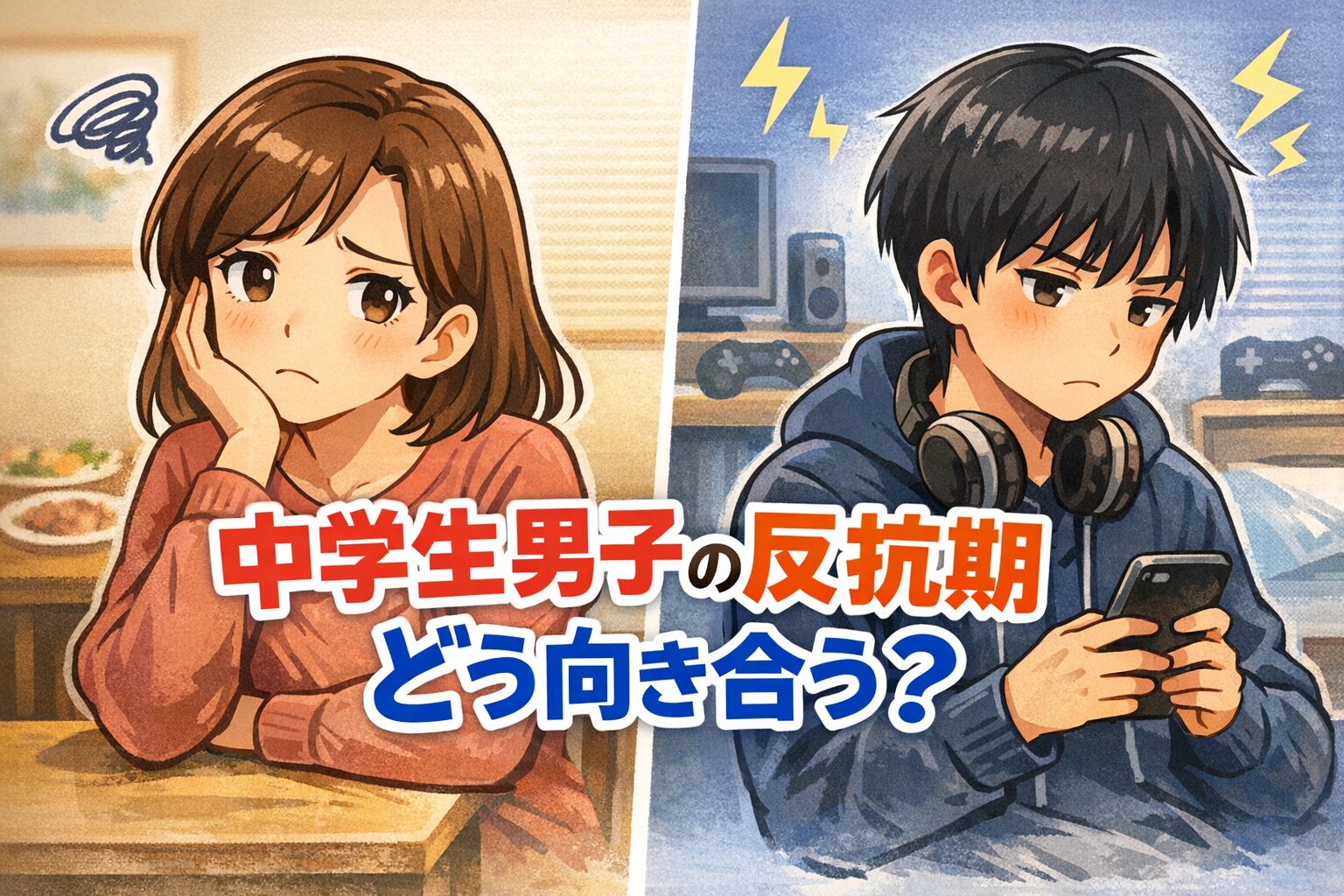反抗期の息子に悩む母親のイラスト