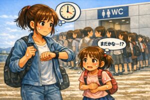 トイレ列に慌てる母娘のイラスト