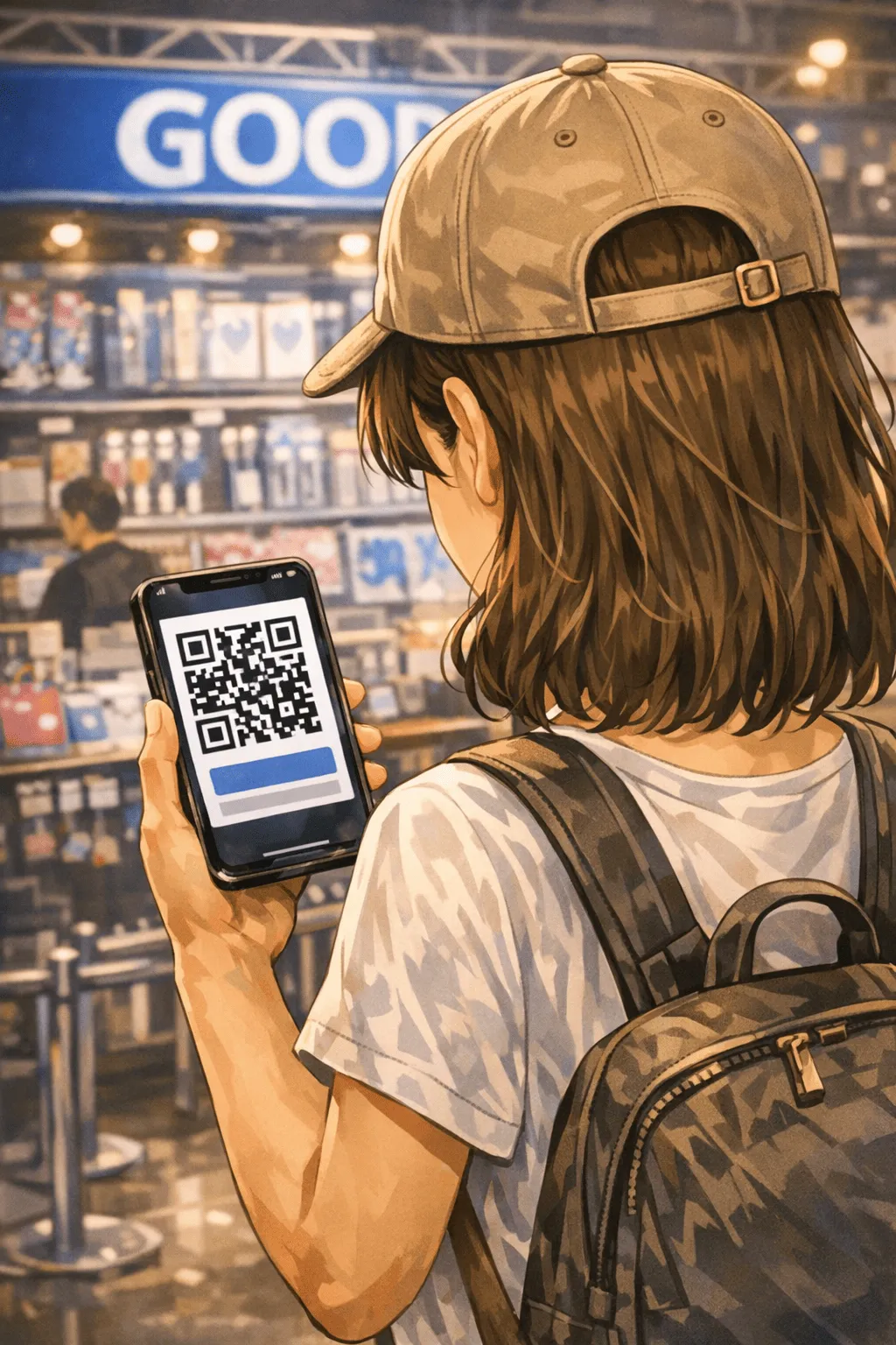 グッズ購入整理券のQRコードを確認する女性