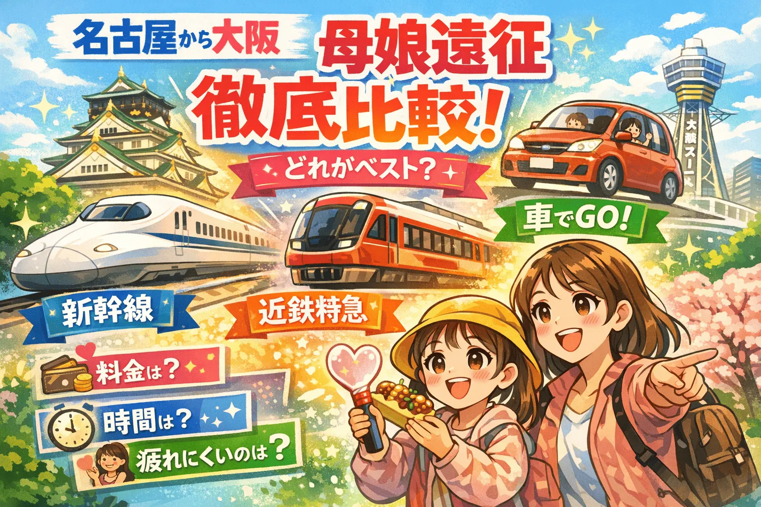 名古屋→大阪遠征手段比較記事のタイトルイラスト
