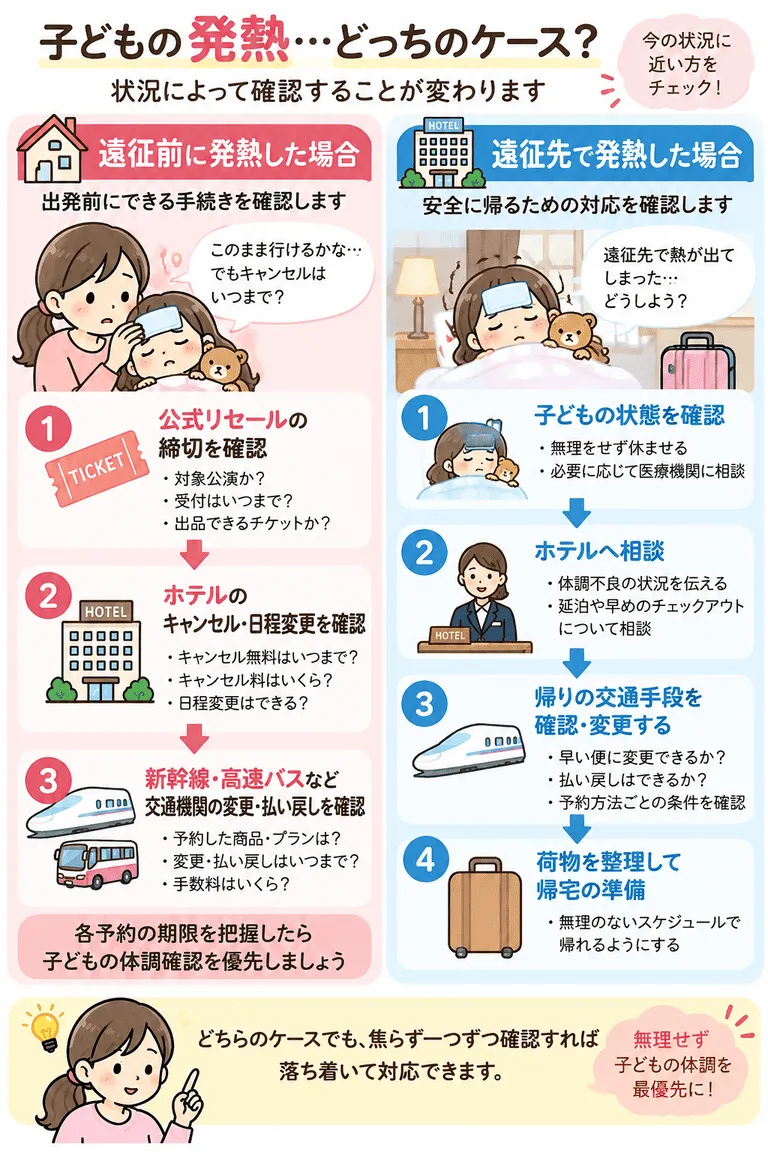 子どもの発熱 遠征前/遠征先の対応比較図