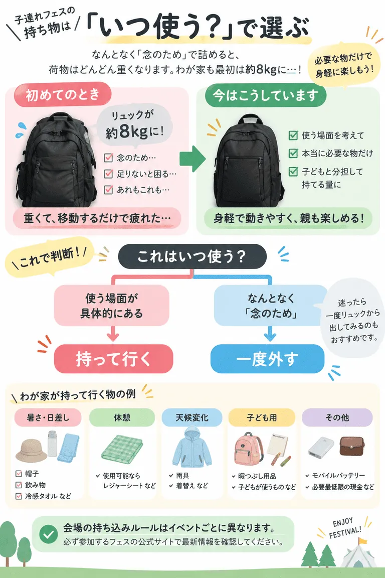 子連れフェスで「持って行く？やめる？」荷物判断図