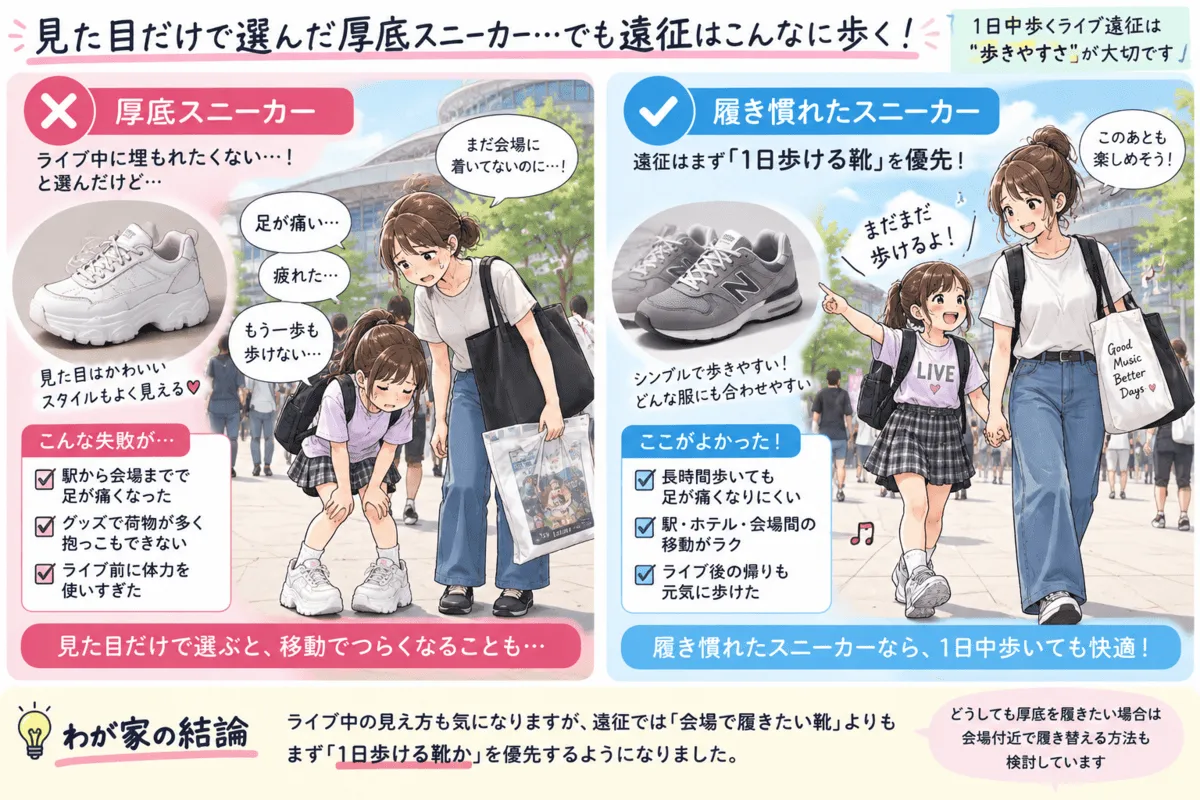 「厚底スニーカー→足が痛い/履き慣れたスニーカー→歩きやすい」の比較図