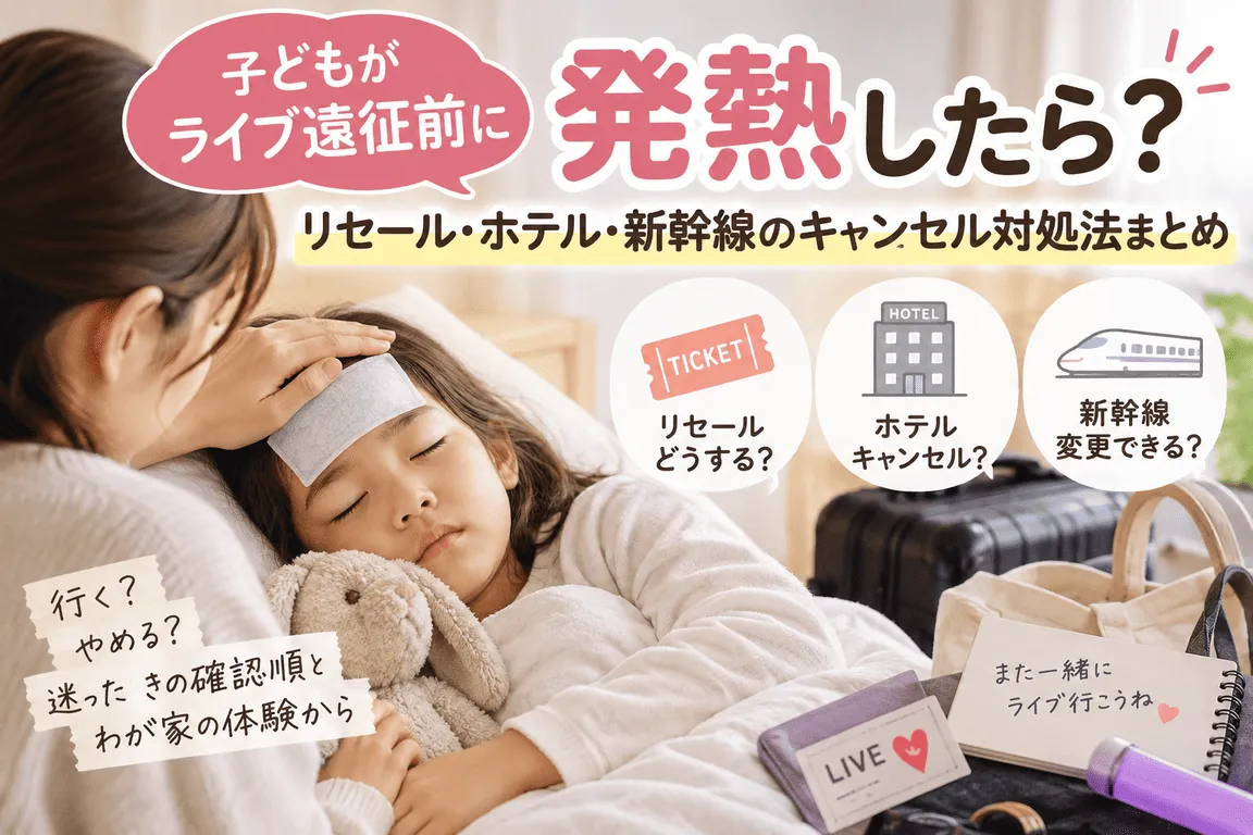 子どもがライブ遠征前に発熱したら？リセール→ホテル→新幹線を確認する順番記事のイメージ画像