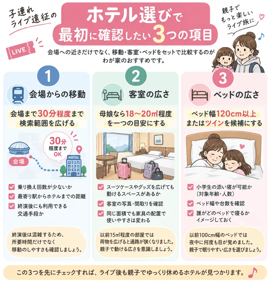 小学生とのホテル選びで最初に確認したい3項目の図