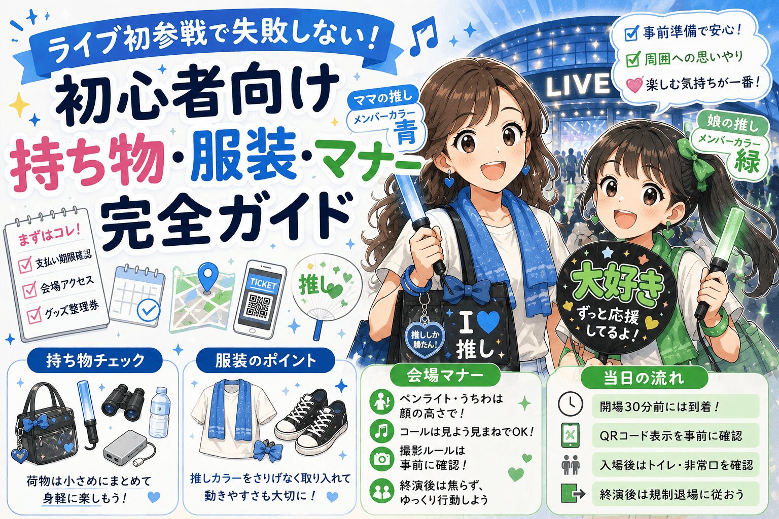 ライブ初参戦で失敗しない、持ち物、服装、マナーガイド記事のイメージ画像