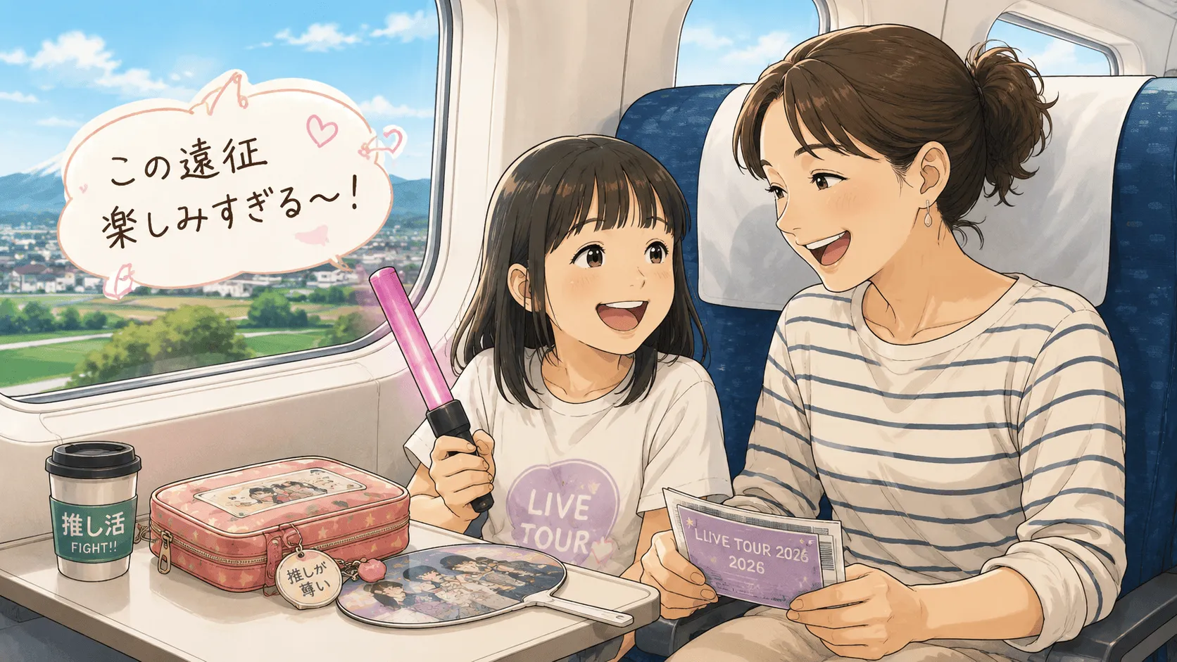 親子で新幹線に乗って笑っている写真風イラスト
