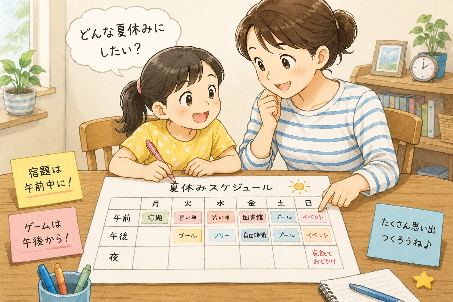 家族で長期休みのスケジュールを決めているイメージイラスト