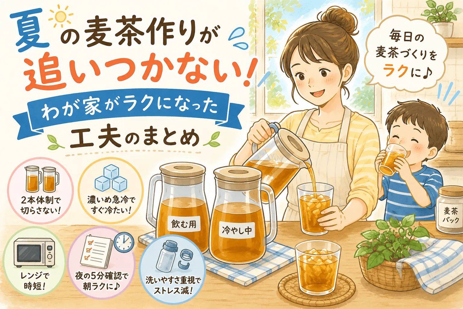 夏の麦茶作りが追いつかない！我が家がラクになった工夫のまとめ記事のイメージ画像