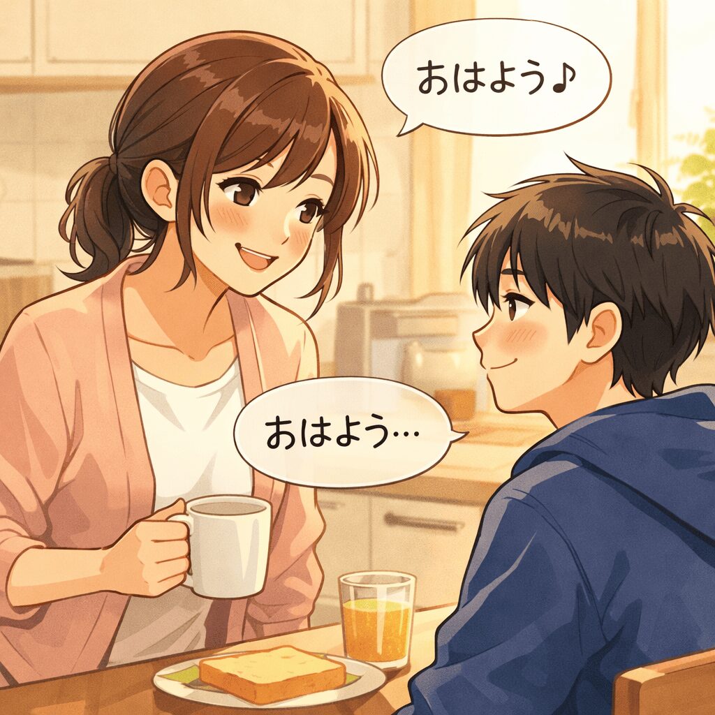 ママが前向きになれ、息子に話しかけるイラスト