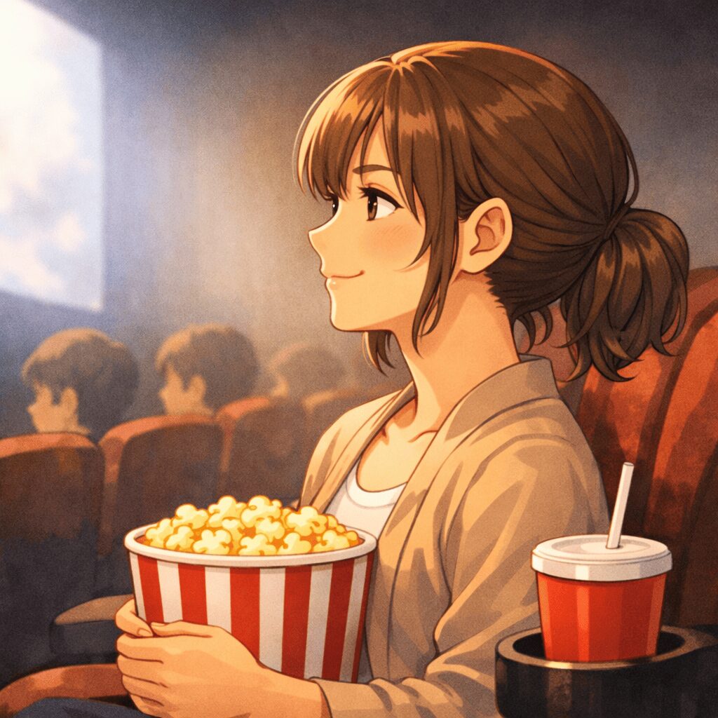 40代ママが1人で映画を楽しんでいるイラスト