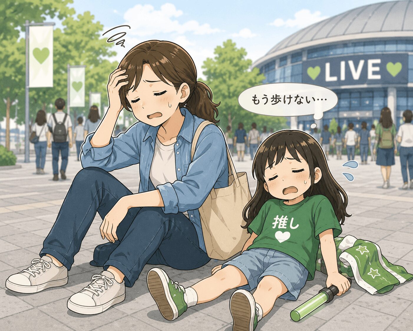 ライブ前に歩き疲れている母娘のイラスト