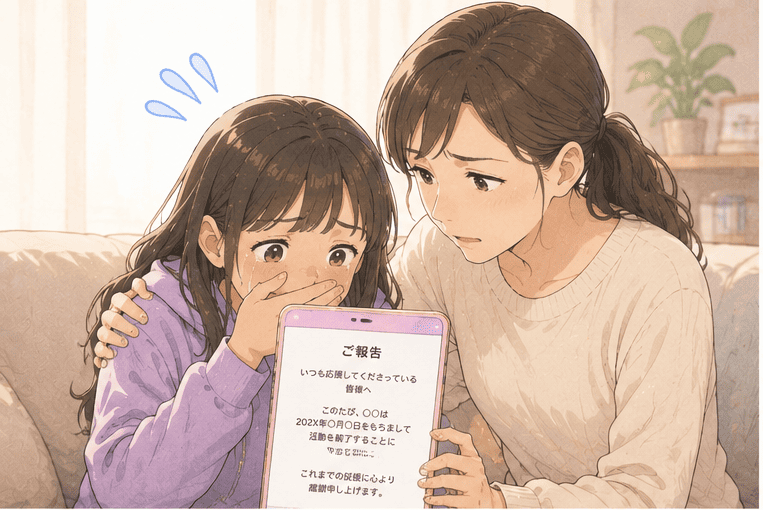 推しの活動停止・解散を知り驚く母娘のイメージのイラスト