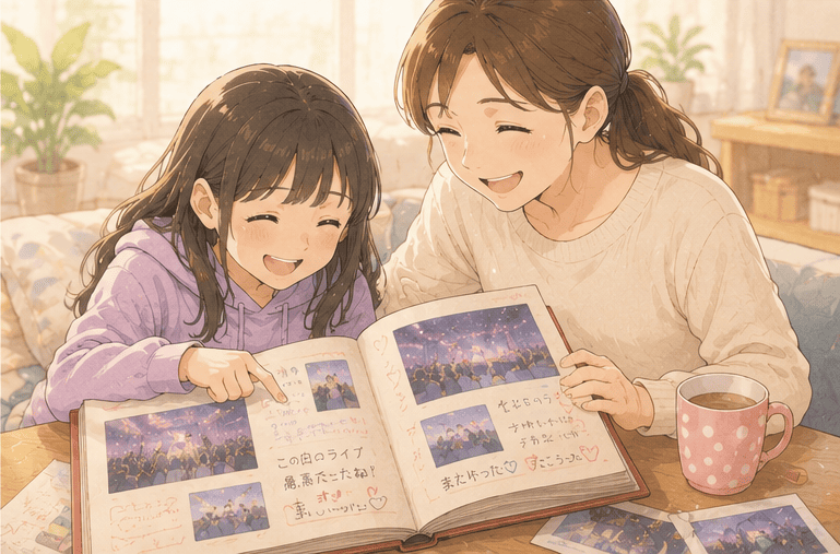 母娘で思い出話をしているイメージのイラスト