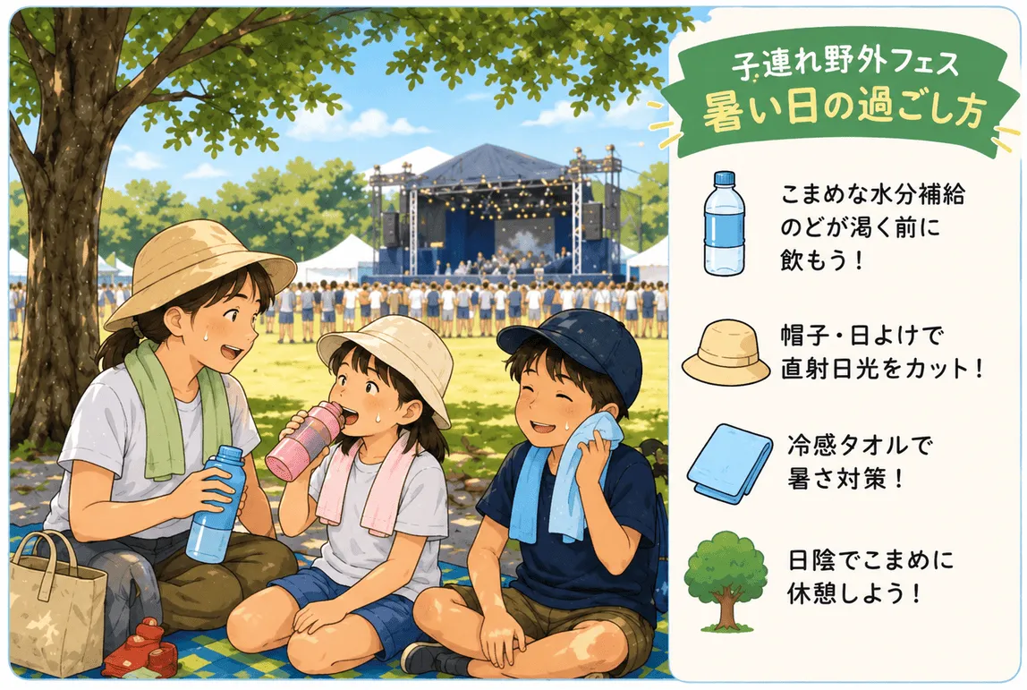 子連れ野外フェスの暑い日の過ごし方イメージイラスト