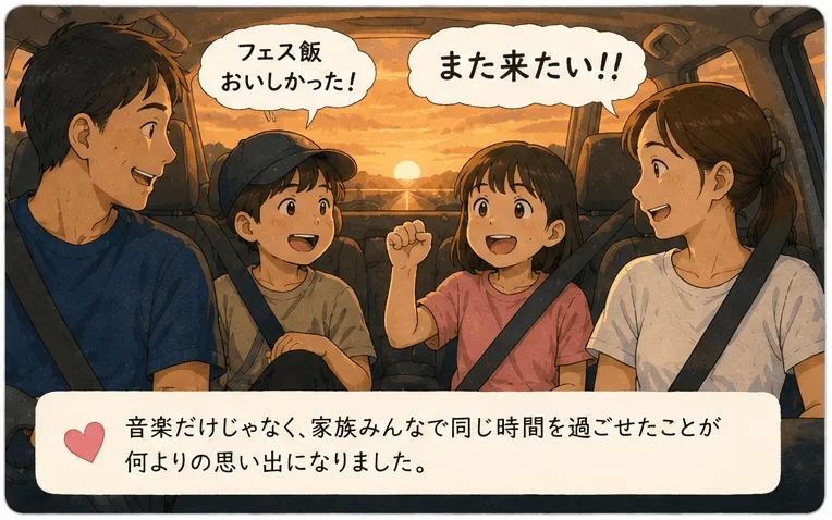 フェスの帰り道の車の中のイメージ画像