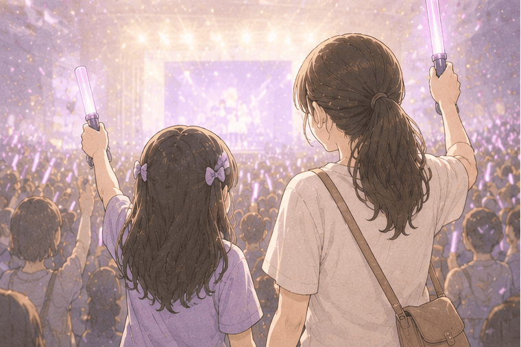 母娘で推しのライブに参加しているイメージのイラスト