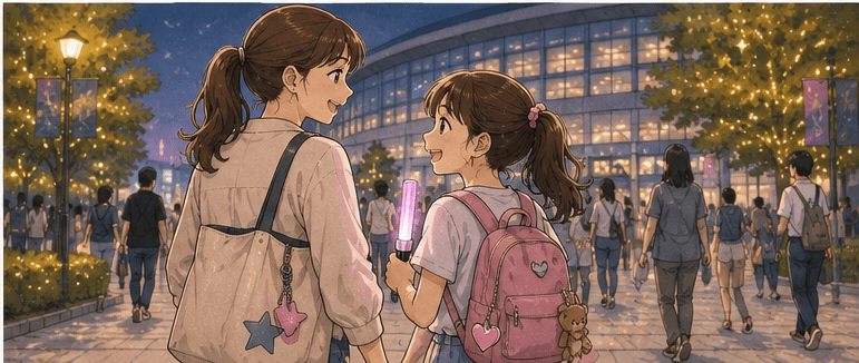 待ち時間も含め楽しかったライブの帰り道の母娘